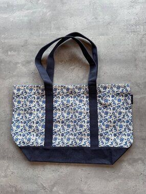 J.Crew NEW Blue & White Floral Canvas Tote Bag Snap Closure
